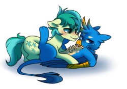 Size: 1066x746 | Tagged: safe, alternate version, artist:pandemiamichi, gallus, sandbar, earth pony, griffon, pony, g4, school daze, blushing, butt, chest fluff, cutie mark, duo, gay, interspecies, looking away, lying on top of someone, male, paws, plot, shading, ship:gallbar, shipping, simple background, stallion, transparent background
