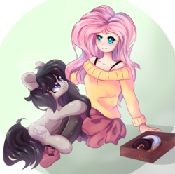 Size: 1008x1000 | Tagged: safe, artist:mitralexa, fluttershy, octavia melody, earth pony, human, pony, g4, :3, clothes, cute, donut, food, human and pony, humanized, mary janes, pantyhose, shoes, skirt, sweater, sweatershy, tavibetes