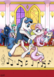 Size: 1637x2315 | Tagged: safe, artist:pony-berserker, fancypants, fleur-de-lis, kibitz, princess celestia, princess luna, alicorn, pony, unicorn, g4, background pony, ballroom, ballroom dancing, bipedal, clothes, dancing, duo focus, female, i can't believe it's not idw, looking at each other, male, mare, music notes, royal sisters, ship:fancyfleur, shipping, smiling, stallion, straight