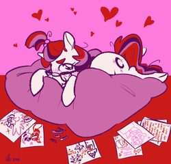 Size: 500x479 | Tagged: safe, artist:rwl, moondancer, twilight sparkle, alicorn, pony, g4, blushing, crayon, crush, drawing, female, heart, kissing, lesbian, limited palette, love letter, pillow, ship:twidancer, shipping, twilight sparkle (alicorn)