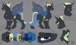 Size: 2208x1325 | Tagged: safe, artist:cygil, oc, oc only, oc:king regal, changeling, blue changeling, changeling king, changeling oc, chitin, eye, gray background, male, realistic, reference sheet, simple background, solo, yellow changeling