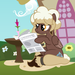 Size: 3000x3000 | Tagged: safe, artist:besttubahorse, oc, oc only, oc:sweet mocha, pegasus, pony, .svg available, bush, coffee cup, cup, female, flower, freckles, high res, hoof hold, newspaper, reading, sitting, solo, svg, table, vase, vector