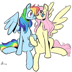 Size: 1750x1750 | Tagged: safe, artist:rwl, fluttershy, rainbow dash, g4, blushing, female, holding hooves, lesbian, ship:flutterdash, shipping, spread wings, wingboner, wings