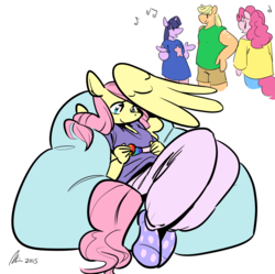 Size: 1200x1195 | Tagged: safe, artist:rwl, applejack, fluttershy, pinkie pie, twilight sparkle, anthro, g4, beanbag chair, clothes, freckles, hat, hiding, music notes, overwhelmed, party hat, socks