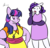 Size: 500x479 | Tagged: safe, artist:rwl, rarity, twilight sparkle, anthro, g4, accessory, alternate hairstyle, clothes, crime against fashion, duo, female, gloves, implied sweetie belle, lesbian, one eye closed, sash, ship:rarilight, shipping, shocked expression