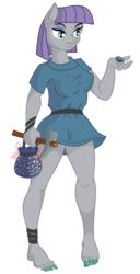 Size: 1024x1994 | Tagged: safe, artist:wangkingfun, boulder (g4), maud pie, earth pony, anthro, plantigrade anthro, g4, barefoot, feet, female, pickaxe, pouch, simple background, transparent background, tunic