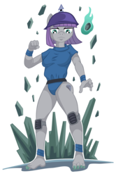 Size: 1024x1545 | Tagged: safe, artist:wangkingfun, maud pie, earth pony, anthro, plantigrade anthro, g4, barefoot, earth bending, feet, frown, glare, helmet, knee pads, looking at you, pickelhaube, simple background, transparent background, tunic