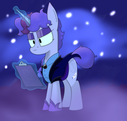 Size: 2080x1980 | Tagged: safe, artist:moonatik, derpibooru exclusive, oc, oc only, oc:midnight dew, pony, unicorn, alternate timeline, clipboard, clothes, dream theater, eyeshadow, female, gift art, gloves, horn, makeup, mare, music reference, nightmare takeover timeline, pony oc, solo, unicorn oc, uniform