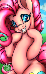 Size: 800x1280 | Tagged: safe, artist:foldeath, artist:rainbowsaliva, pinkie pie, earth pony, pony, g4, cloud, collaboration, female, grass field, heart eyes, sky, smiling, solo, summer, teeth, wingding eyes