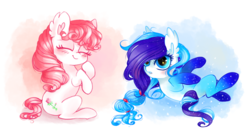 Size: 8315x4382 | Tagged: safe, artist:pinkablue, desert rose, silver rain, earth pony, pony, g3, absurd resolution, blushing, cute, diaraines, diaroses, duo, ear fluff, eyes closed, female, gradient hooves, hnnng, mare, on back, scrunchie, sitting, smiling, starry eyes, wingding eyes