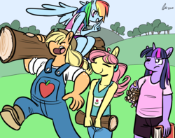 Size: 1250x985 | Tagged: safe, artist:rwl, applejack, fluttershy, rainbow dash, twilight sparkle, earth pony, pegasus, unicorn, anthro, g4, alternate hairstyle, book, dungarees, eyes closed, freckles, lifting, log, overalls, shhh, stick, stronk, super strength, sweet apple acres, twilight sparkle is not amused, unamused, unicorn twilight