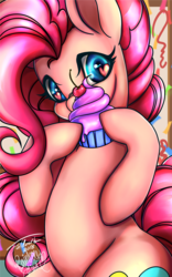 Size: 800x1280 | Tagged: safe, artist:foldeath, artist:rainbowsaliva, pinkie pie, earth pony, pony, g4, cherry, collaboration, confetti, cupcake, female, food, heart eyes, solo, sugarcube corner