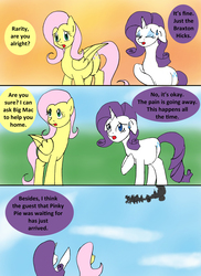 Size: 1000x1374 | Tagged: safe, artist:emilou1985, fluttershy, rarity, pegasus, pony, unicorn, comic:signs, g4, carriage, comic, floppy ears, looking up, pointing, pregnant, sweat