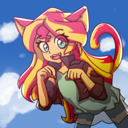 Size: 2000x2000 | Tagged: safe, artist:rockset, sunset shimmer, human, kemonomimi, equestria girls, g4, cat ears, cat tail, catgirl, clothes, cute, cute little fangs, eared humanization, fangs, female, high res, humanized, jacket, jeans, looking at you, neko, nekomimi, nyanset shimmer, pants, pawing, shimmerbetes, sky, smiling, solo, tail, tailed humanization, toothy grin
