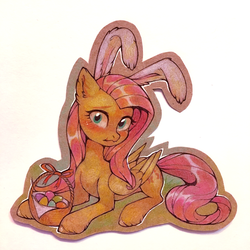 Size: 1000x1000 | Tagged: safe, artist:lispp, fluttershy, pegasus, pony, g4, basket, blushing, bunny ears, cute, ear fluff, easter, easter basket, easter egg, female, folded wings, holiday, looking at you, mare, prone, shy, shyabetes, solo, traditional art, turned head, wings
