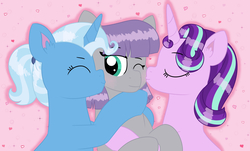 Size: 4975x3011 | Tagged: safe, artist:queenderpyturtle, maud pie, starlight glimmer, trixie, earth pony, pony, unicorn, g4, cheek kiss, ear fluff, eyes closed, female, heart, kiss sandwich, kissing, lesbian, mare, ot3, polyamory, ponytail, ship:mauxie, shipping, starmaud, starmauxie