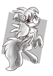 Size: 2893x4092 | Tagged: safe, artist:meowmavi, cloudchaser, pegasus, pony, g4, abstract background, chest fluff, ear fluff, female, flying, grayscale, looking at you, mare, monochrome, smiling, solo, spread wings, underhoof, wings