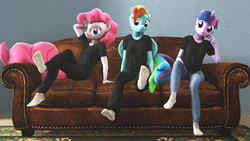 Size: 3020x1698 | Tagged: safe, artist:scalelover, pinkie pie, rainbow dash, twilight sparkle, anthro, plantigrade anthro, g4, 3d, clothes, couch, feet, fetish, foot fetish, pants, shirt, smiling, socks, source filmmaker