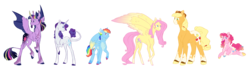 Size: 5900x1600 | Tagged: safe, artist:that-softscorpio, applejack, fluttershy, pinkie pie, rainbow dash, rarity, twilight sparkle, alicorn, pegasus, pony, unicorn, g4, colored hooves, colored wings, colored wingtips, concave belly, diverse body types, facial hair, glasses, goatee, height difference, hooves, large wings, mane six, pale belly, physique difference, raised hoof, raised leg, simple background, size difference, slender, thin, transparent background, twilight sparkle (alicorn), two toned wings, unshorn fetlocks, wings