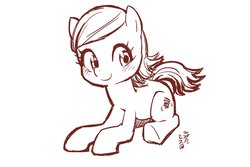 Size: 1200x800 | Tagged: safe, artist:yanamosuda, earth pony, pony, blushing, cute, female, filly, monochrome, simple background, smiling, solo