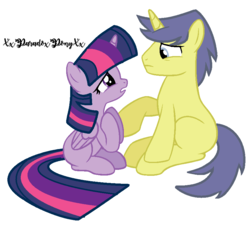 Size: 880x812 | Tagged: safe, artist:xxparadoxponyxx, comet tail, twilight sparkle, alicorn, pony, g4, base used, female, male, ship:cometlight, shipping, simple background, sitting, straight, twilight sparkle (alicorn), white background