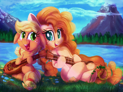 Size: 2000x1500 | Tagged: safe, artist:discorded, applejack, pear butter, earth pony, pony, g4, cloud, cute, duo, female, filly, freckles, grass, guitar, jackabetes, lake, mare, mother and daughter, mountain, pearabetes, singing, sky, smiling, water