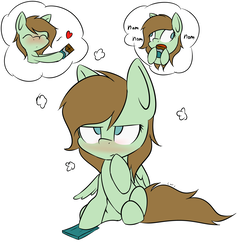 Size: 4000x4000 | Tagged: safe, artist:lofis, oc, oc only, oc:mint chocolate, pegasus, pony, blushing, derp, dialogue, eating, female, looking at something, mare, serious, serious face, sharing, signature, sitting, solo, thinking, thought bubble