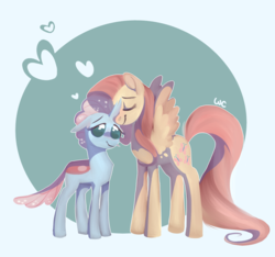Size: 2805x2627 | Tagged: safe, artist:waackery, fluttershy, ocellus, changedling, changeling, pegasus, pony, g4, school daze, cute, diaocelles, duo, female, fluttermom, heart, high res, mare, maternal instinct, motherly, shyabetes, simple background, smiling, spread wings, standing, wings