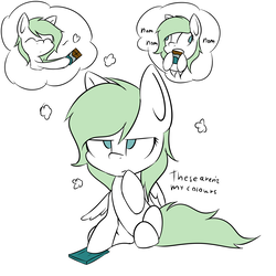Size: 4000x4000 | Tagged: safe, alternate version, artist:lofis, oc, oc only, oc:emerald jewel, pegasus, pony, chocolate, derp, dialogue, eating, food, looking at something, serious, serious face, sharing, solo, thought bubble