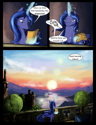 Size: 2000x2600 | Tagged: safe, artist:seventozen, princess luna, pony, comic:the day breaks softly, comic, female, high res, letter, magic, note, solo, sunrise
