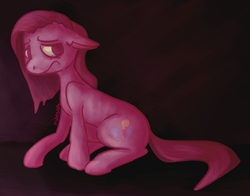 Size: 1400x1100 | Tagged: safe, artist:milesaph, pinkie pie, earth pony, pony, g4, female, pinkamena diane pie, sad, solo