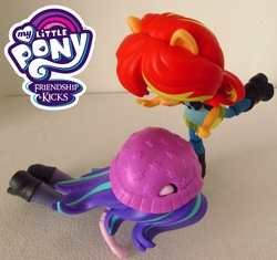 Size: 1189x1118 | Tagged: safe, artist:whatthehell!?, starlight glimmer, sunset shimmer, equestria girls, g4, abuse, boots, clothes, doll, dress, equestria girls minis, glimmerbuse, hat, irl, jacket, kicking, pants, parody, photo, shoes, toy