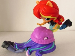 Size: 1400x1050 | Tagged: safe, artist:whatthehell!?, starlight glimmer, sunset shimmer, equestria girls, g4, abuse, beanie, boots, clothes, doll, dress, equestria girls minis, glimmerbuse, hat, irl, jacket, kick, kicking, pants, photo, shoes, toy