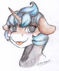 Size: 1097x1310 | Tagged: safe, artist:jessi_lionheart, oc, oc only, oc:cookie, pony, unicorn, :p, bust, portrait, silly, solo, tongue out, traditional art