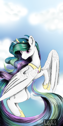 Size: 512x1024 | Tagged: safe, artist:labglab, princess celestia, alicorn, pony, rcf community, g4, crown, eye contact, flying, horn, jewelry, looking at you, mane, regalia, sky, wings