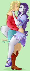 Size: 1102x2600 | Tagged: safe, artist:rachel-sarah, applejack, rarity, equestria girls, g4, my little pony equestria girls: legend of everfree, boho, clothes, female, humanized, lesbian, no more ponies at source, ship:rarijack, shipping, shorts