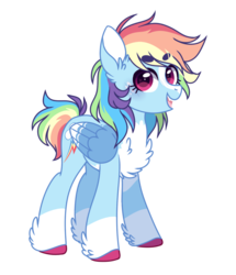 Size: 709x825 | Tagged: safe, artist:pandemiamichi, rainbow dash, pegasus, pony, g4, blaze (coat marking), chest fluff, coat markings, colored hooves, colored wings, cute, dashabetes, facial markings, fangs, female, freckles, heart eyes, looking at you, mare, redesign, simple background, socks (coat markings), solo, transparent background, unshorn fetlocks, wingding eyes