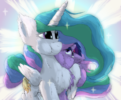 Size: 1973x1637 | Tagged: safe, artist:firefanatic, princess celestia, twilight sparkle, g4, chest fluff, cute, cutelestia, fluffy, hug, missing accessory, side hug, squishy cheeks