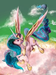 Size: 1535x2048 | Tagged: safe, artist:noupu, princess celestia, alicorn, pony, g4, crown, female, flying, jewelry, mare, regalia, solo