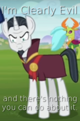 Size: 233x353 | Tagged: safe, edit, edited screencap, screencap, chancellor neighsay, thorax, changedling, changeling, g4, school daze, caption, cropped, eea is corrupt, king thorax, male, malicious expression, stallion, text