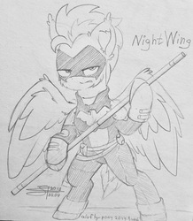 Size: 2337x2683 | Tagged: dead source, safe, artist:airfly-pony, oc, oc only, oc:wing hurricane, pegasus, pony, rcf community, angry, belt, clothes, crossover, ear fluff, high res, lighting bolt, looking at you, male, nightwing, pegasus oc, pole, sketch, solo, stallion, suit, superhero, traditional art, weapon
