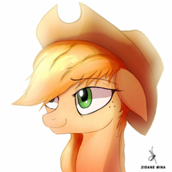 Size: 720x720 | Tagged: safe, artist:zidanemina, applejack, earth pony, pony, g4, cowboy hat, female, freckles, hat, mare, quickie, simple background, solo, stetson, white background