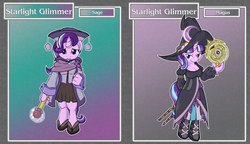 Size: 3376x1950 | Tagged: safe, artist:brownie-bytes, starlight glimmer, unicorn, anthro, unguligrade anthro, g4, breasts, cleavage, clothes, crossover, cute, dress, duo, final fantasy, hat, magus, robe, s5 starlight, sage, shoes, skirt, smiling, staff, staff of sameness, wand, witch hat