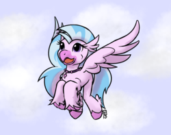 Size: 1200x946 | Tagged: safe, artist:brownie-bytes, silverstream, classical hippogriff, hippogriff, g4, school daze, female, flying, jewelry, necklace, signature
