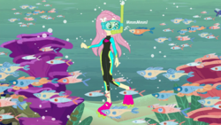 Size: 1280x720 | Tagged: safe, artist:php43, edit, fluttershy, fish, equestria girls, equestria girls series, g4, 1000 hours in ms paint, bubble, clothes, coral, cute, dive mask, flippers (gear), fluttershy's wetsuit, goggles, ms paint, muffled words, muffling, ocean, reef, school of fish, show accurate, snorkel, snorkeling, swimming, swimsuit, underwater, watershy, wetsuit