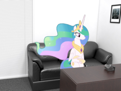 Size: 1400x1050 | Tagged: safe, princess celestia, alicorn, pony, g4, horse play, camera, casting couch, irl, photo, ponies in real life, ponies sitting like humans, sitlestia, sitting, solo
