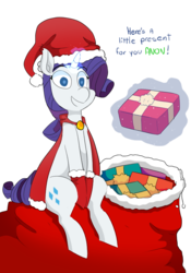 Size: 700x1000 | Tagged: safe, artist:ponehanon, rarity, g4, christmas, gift giving, gift wrapped, hat, hearts and hooves day, holiday, santa hat, simple background, transparent background