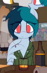 Size: 802x1248 | Tagged: safe, artist:shinodage, oc, oc only, oc:delta vee, pegasus, pony, fanfic:smoke and amber, booze, cigarette, clothes, fanfic, fanfic art, female, jacket, mare, smoking, solo, thought bubble, wing hands