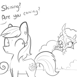 Size: 1650x1650 | Tagged: safe, artist:tjpones, queen chrysalis, shining armor, changeling, changeling queen, g4, bush, double entendre, ear fluff, female, grayscale, hiding, hugs 4 bugs, male, missing horn, monochrome, offscreen character, phone number, simple background, stalker, stalking, stallion, sweat, white background