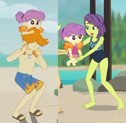 Size: 411x400 | Tagged: safe, screencap, applejack, valhallen, victoria, water lily (g4), aww... baby turtles, equestria girls, equestria girls series, g4, turf war, baby, background human, barefoot, clothes, coincidence, cropped, feet, male, male feet, male nipples, nipples, partial nudity, sandals, shorts, swimsuit, toddler, topless